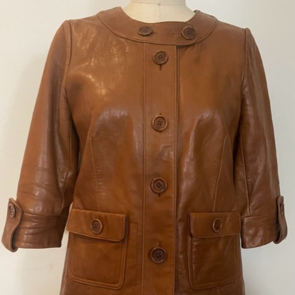 CALVIN KLEIN Collection , Luggage Brown Genuine Leather Jacket, Size XS